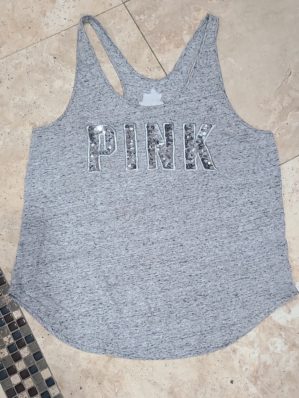 PINK Victoria's Secret Gray Sequin Logo Racerback Tank